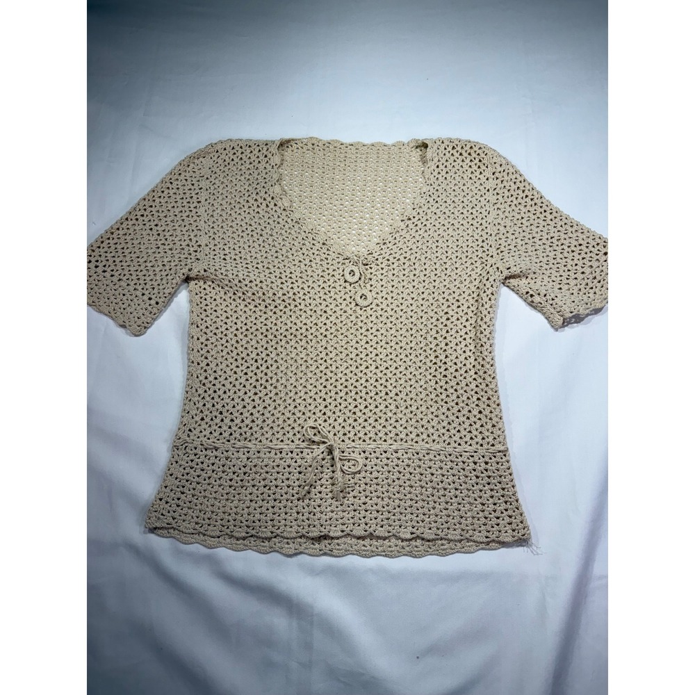 Vintage Woven Cotton Crochet Top Beige Short Sleeve V-Neck Drawstring Blouse